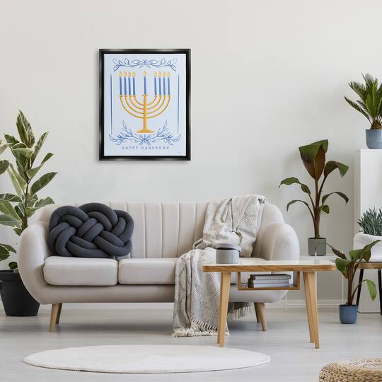 Stupell Industries Happy Hanukkah Botanical Menorah Framed Floater Canvas Wall Art